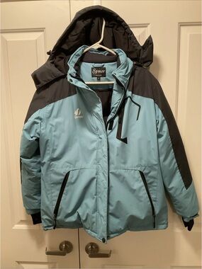 Spmor Womens Puffer Hooded Blue/Black Ski Jacket Size L Never Worn